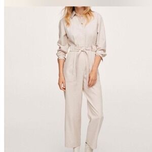 Mango Women's Jumpsuit Long‎ Sleeve Button Down Belted Beige Casual